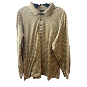 Donald J Trump Polo Shirt Men Large Brown Pima Cotton Long Sleeves‎ Tan Striped